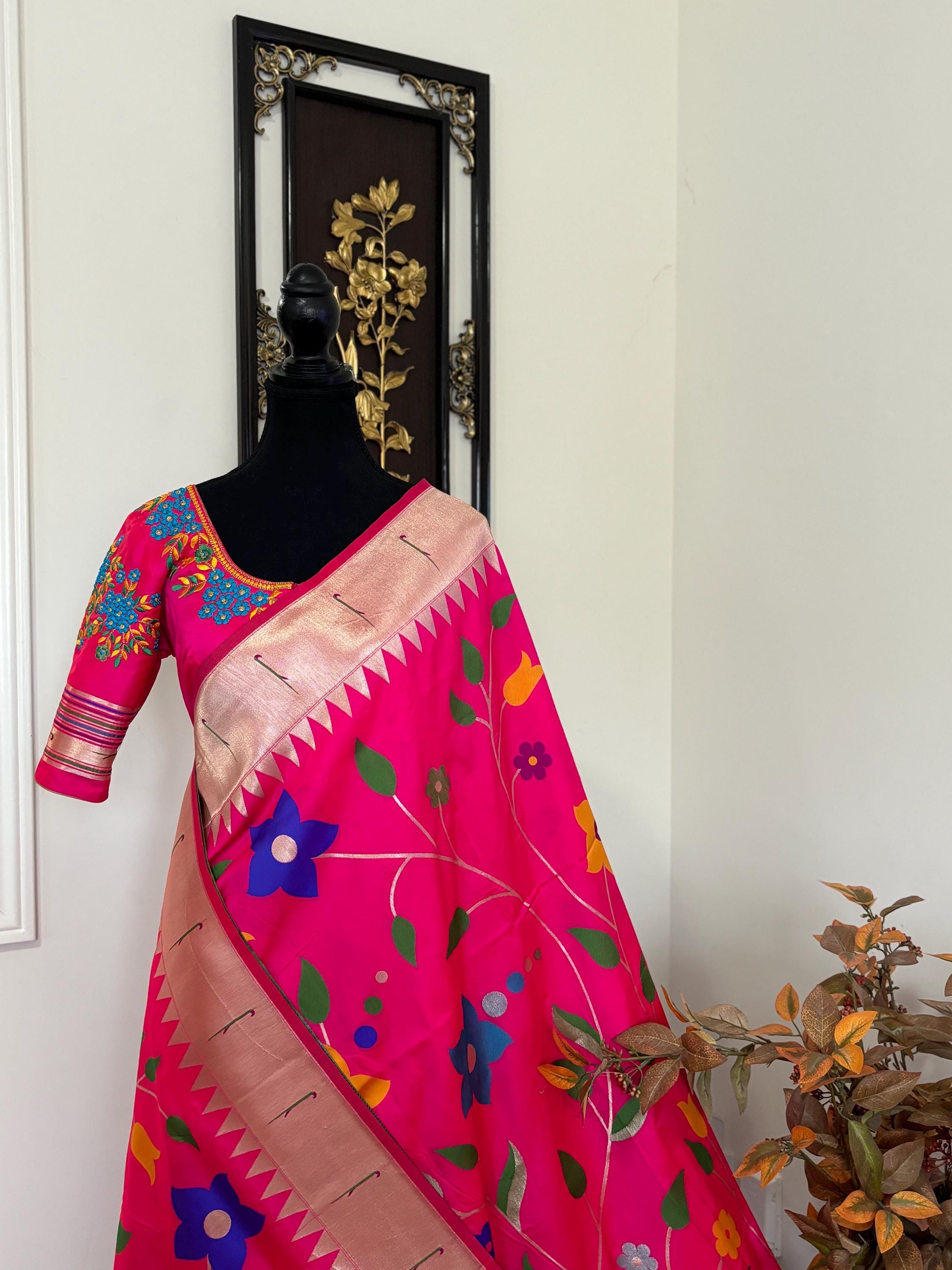 Beautiful pythani pure silk saree with all over floral design  ready to wear Maggam work blouse fit up to 32 to 46