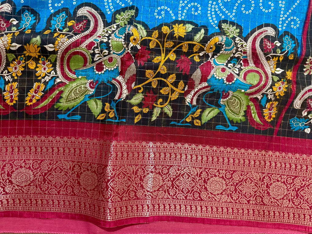 Beautiful Light weight Emarald silk saree  with Kanchi boarder  Bhandini prints ready blouse fits 32 to 46 with beautiful color combo