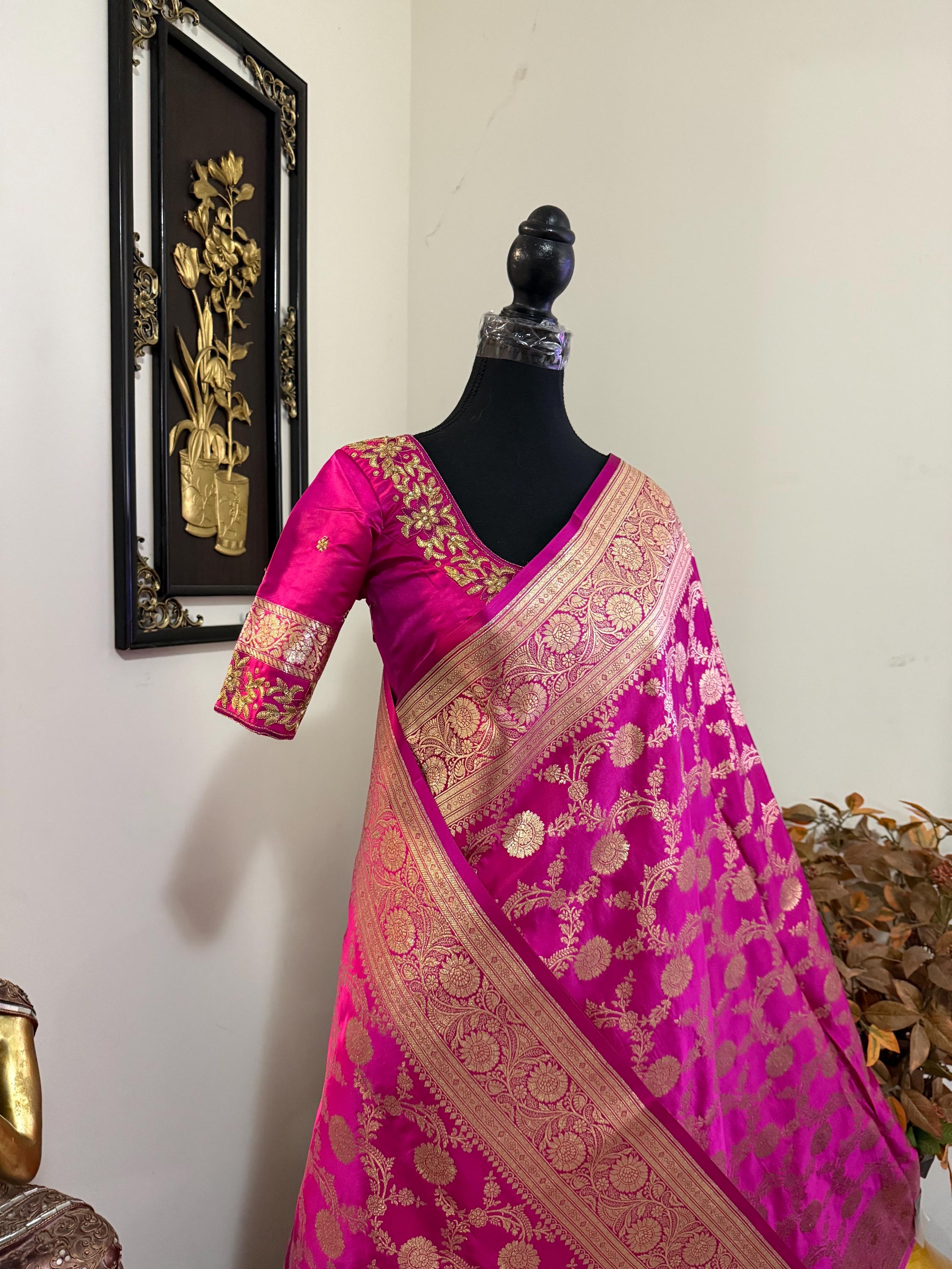 Royal Banarasi Silk Saree in Magenta Pink Ready-to-Wear Premium Edition ready to wear Blouse 34 to 46 size