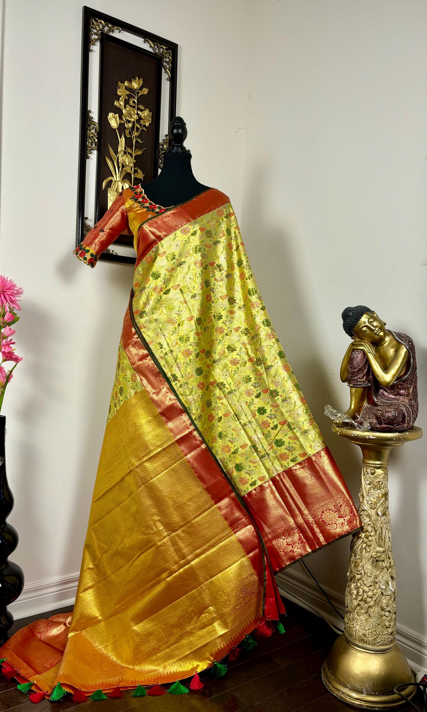 Kanchipuram tissu silk saree in rare colors with beautifully done hand  made embroidered blouse with ready to wear work blouse fits 32 to 46