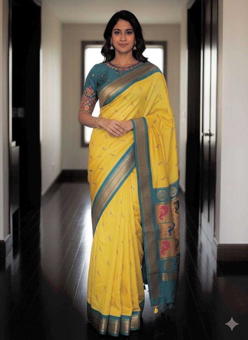 Beautiful pythani pure silk saree with   ready to wear beautiful  work blouse fits up to 32 to 46 Bottle green color, saree is ready to wear