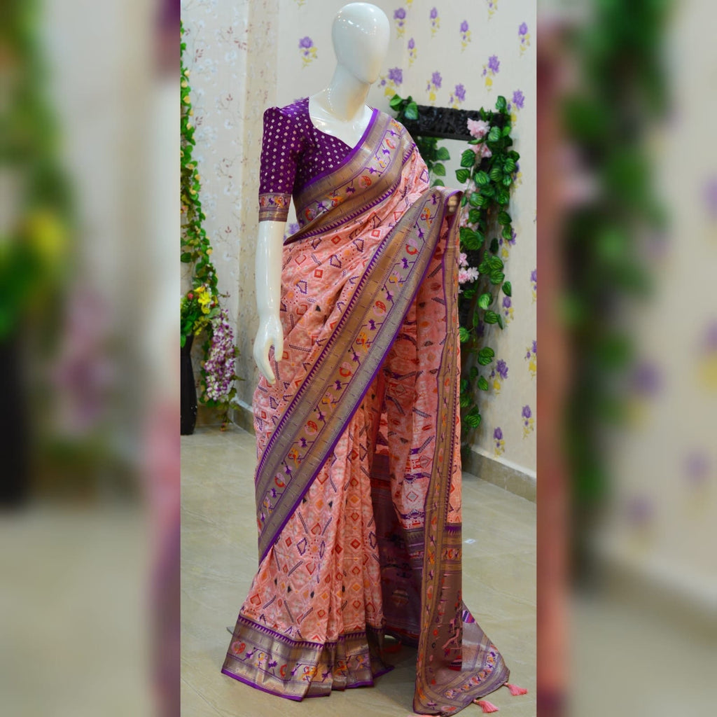 Beautiful patola paithani saree paired up with pretty banaras weaving blouse