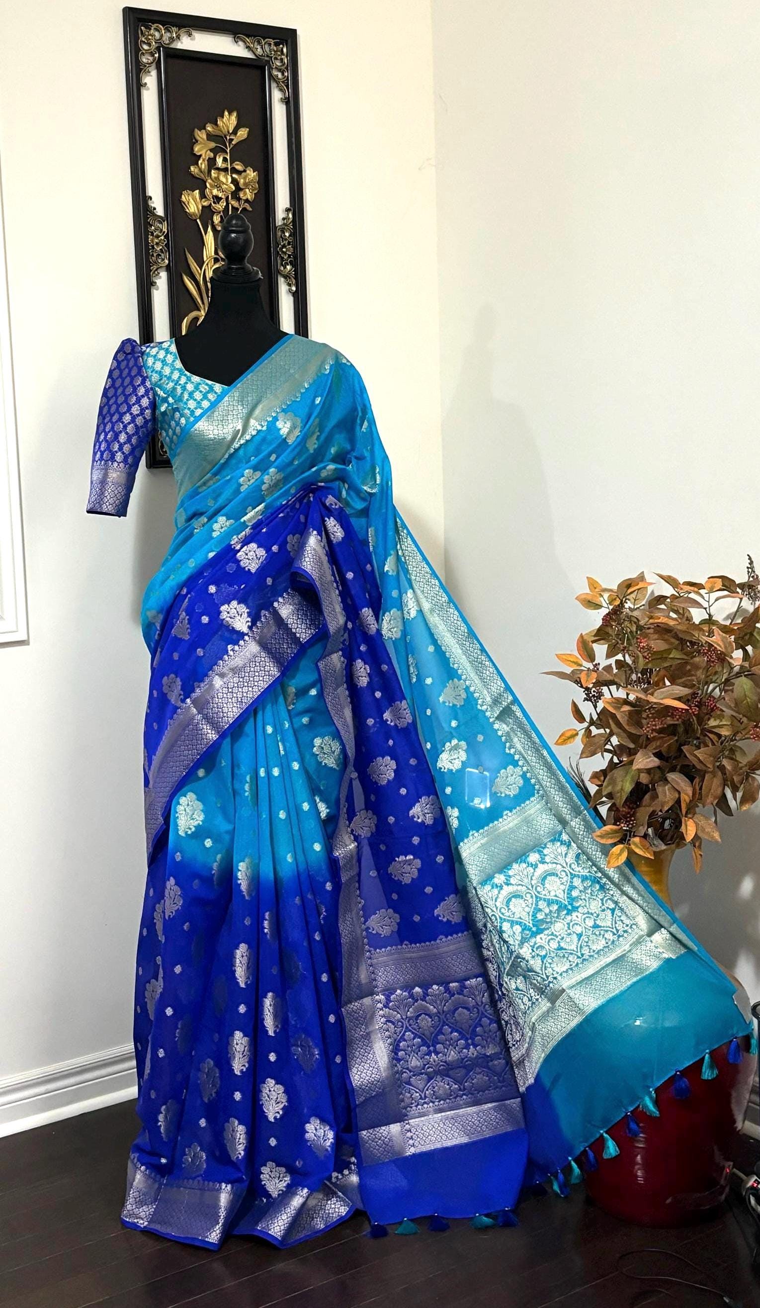 Banarasi dual shade handloom khadi georgette silk saree all over beautiful water zari weaving beautiful combinations, any color possible