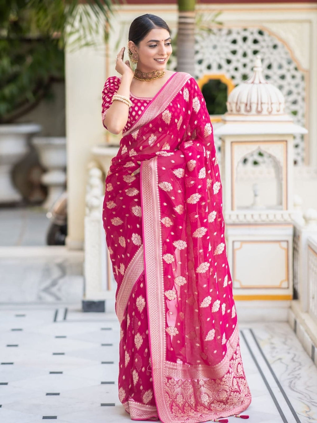 Banarasi handloom khadi georgette silk soft falling saree all over beautiful water zari weaving work any color possible ready to wear blouse