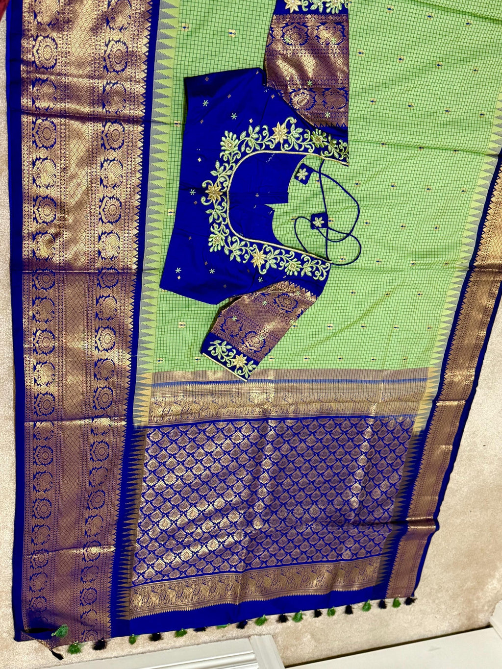 Gadwal Handloom pure silk sarees in rare colors and ready to wear blouse with embroidered blouse fits up to 32 -46 saree is ready fall pico