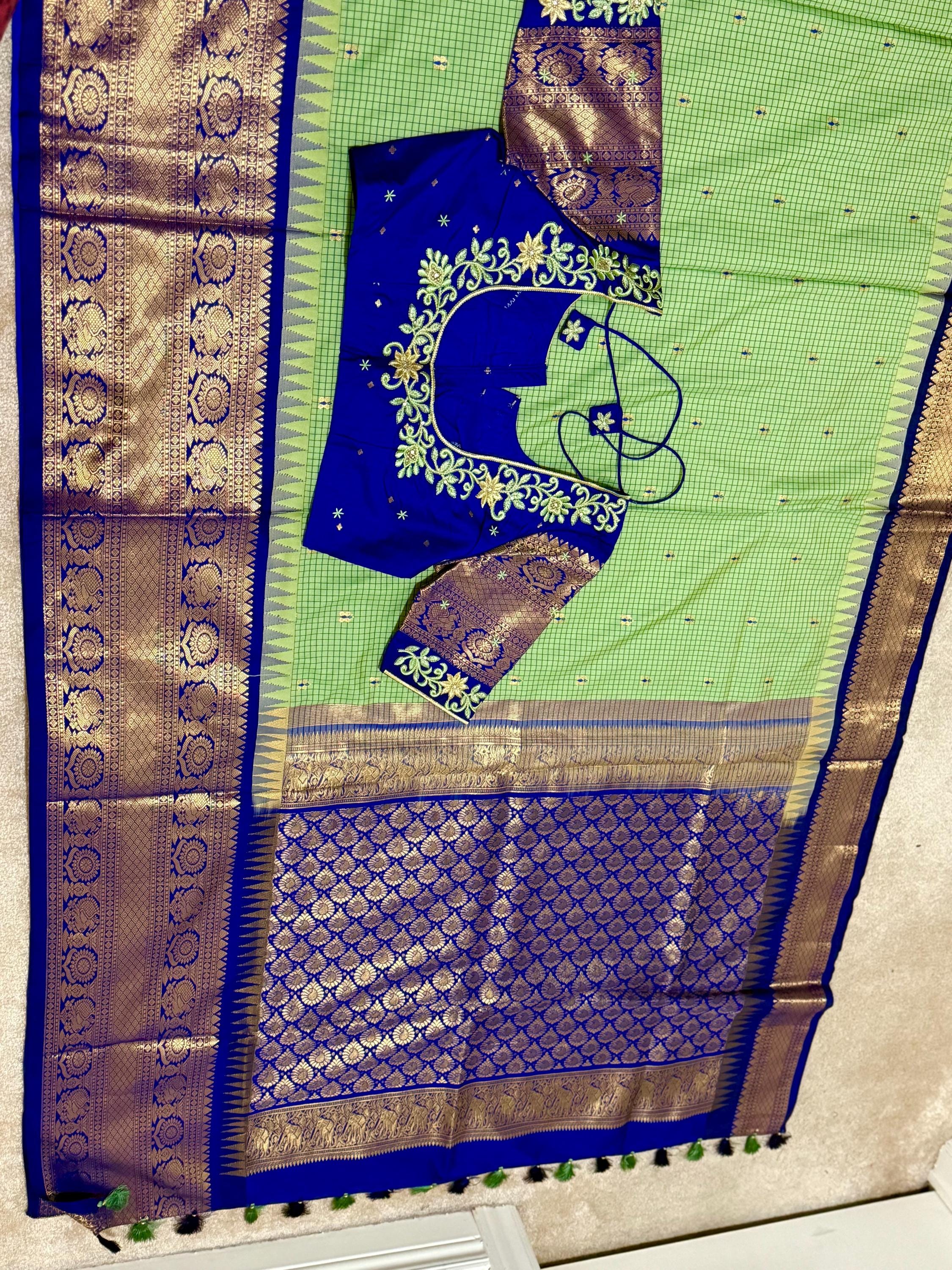 Gadwal Handloom pure silk sarees in rare colors and ready to wear blouse with embroidered blouse fits up to 32 -46 saree is ready fall pico