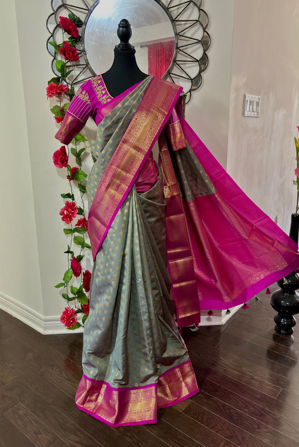 Kanchipuram soft silk saree in rarecolors with beautifully done hand  made embroidered blouse with readytowear work blouse fitsup to32 to 46