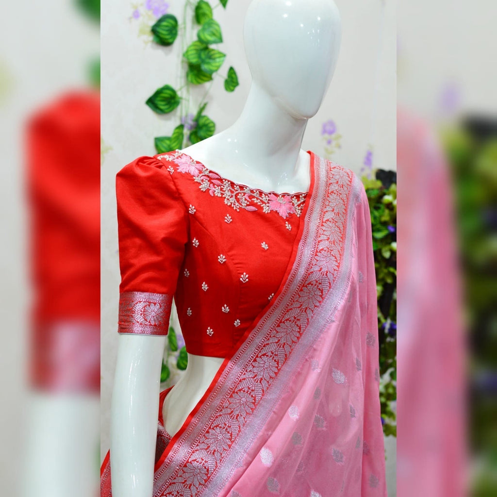 Beautiful banarasi saree paired up with pretty maggam work blouse.