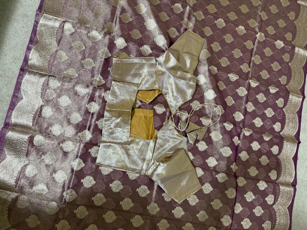 Beautiful party wear cocktail pure silk  banarasi  tissue  saree paired up with pretty designer Blouse fits 32-46