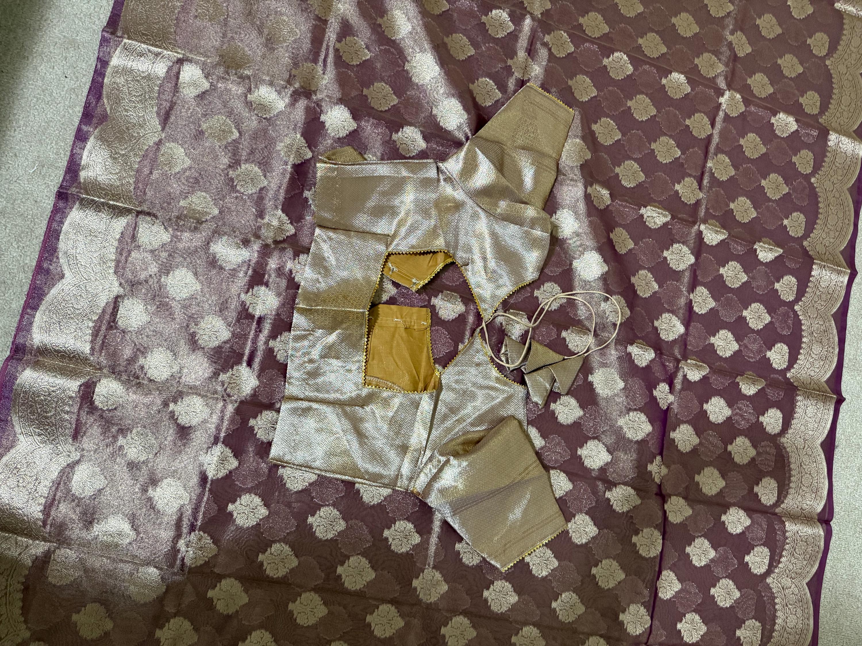 Beautiful party wear cocktail pure silk  banarasi  tissue  saree paired up with pretty designer Blouse fits 32-46