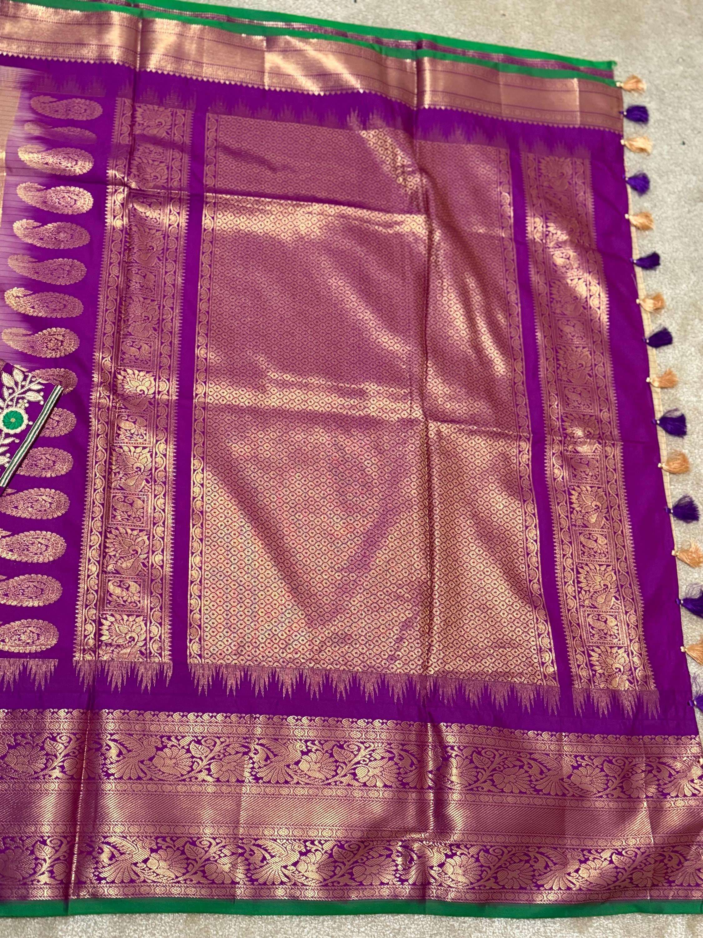Gadwal Handloom pure silk sarees in rare colors and ready to wear blouse with embroidered blouse fits up to 32 -46 saree is ready fall pico