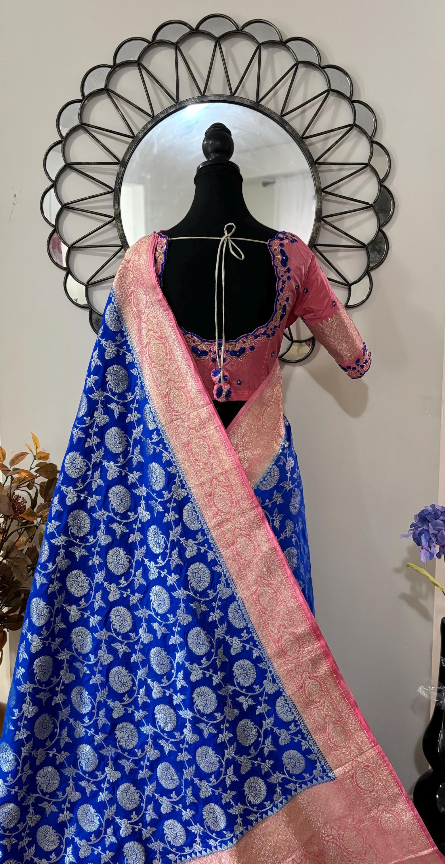 Beautiful banarasi silk saree paired up with beautiful embroidery blouse fits to 32 to 46 in beautiful rare colors all over jaal. Cocktails