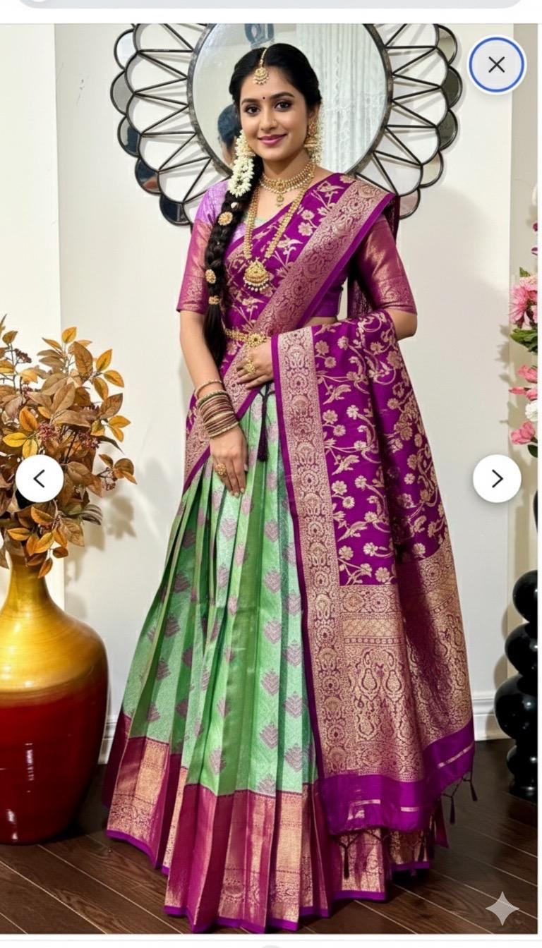 Beautiful colors Kanchi pattu Lihanga with beautiful Kanchi boarder is made of Handloom cloths ready with ready to wear blouse sizes 32 - 48