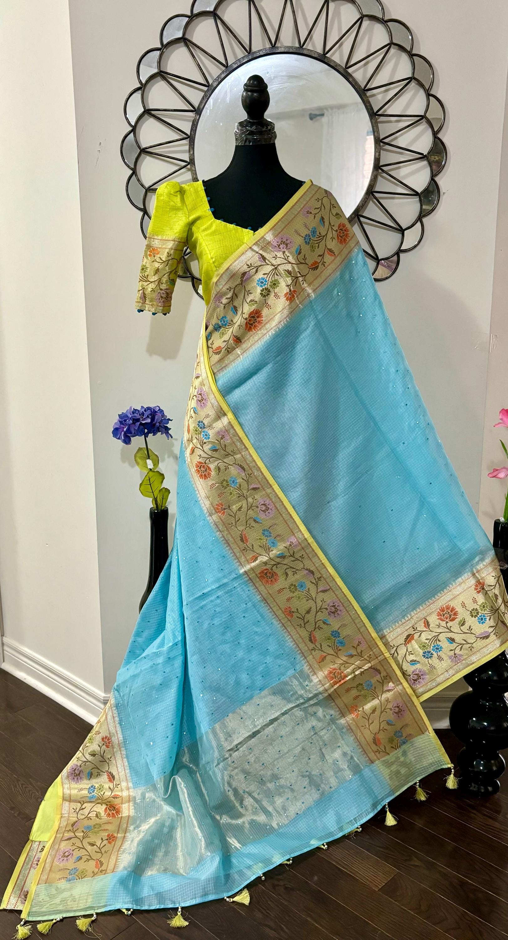 Beautiful Tissue Zari Kota saree with pythani Zari boardes and beautifully done work blouse paired up with pretty blouse fits up to 32 to 46