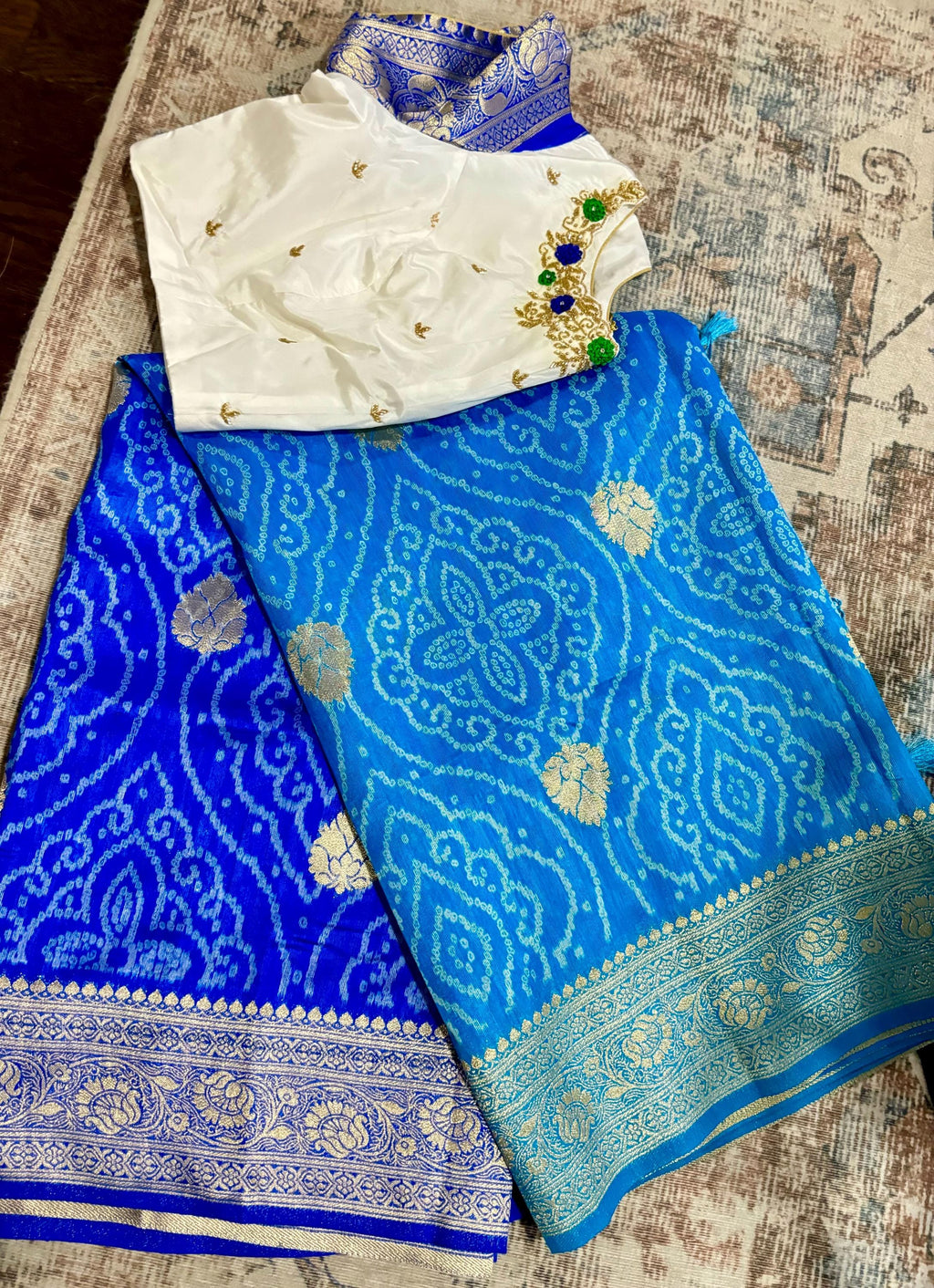 Beautiful cocktail dual shade  bandini silk saree paired up pretty maggam blouse fits  sizes 32 -46 ready to wear prettiest blouse