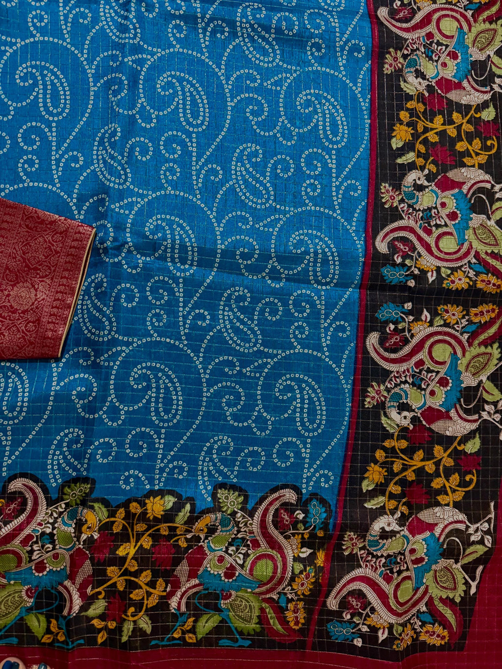 Beautiful Light weight Emarald silk saree  with Kanchi boarder  Bhandini prints ready blouse fits 32 to 46 with beautiful color combo