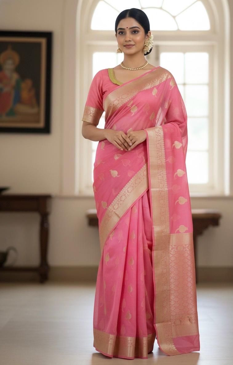 Banarsi fancy beautiful kora organza double zari silk saree very soft ant flowy ready to wear designer blouse fits 32-46  eye cooling shades