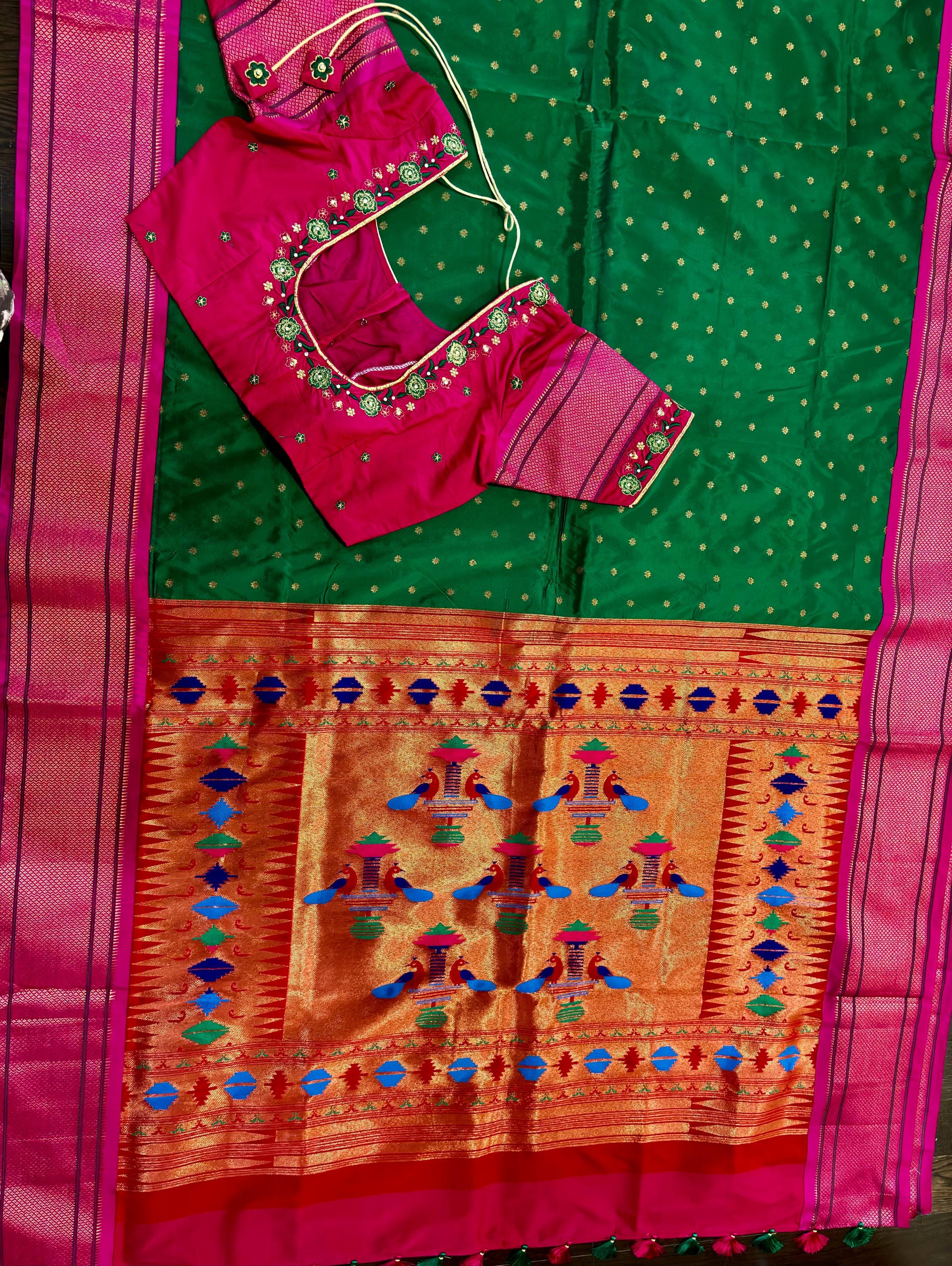 Beautiful pythani pure silk saree with   ready to wear beautiful  work blouse fits up to 32 to 46  purple  color, saree is ready to wear