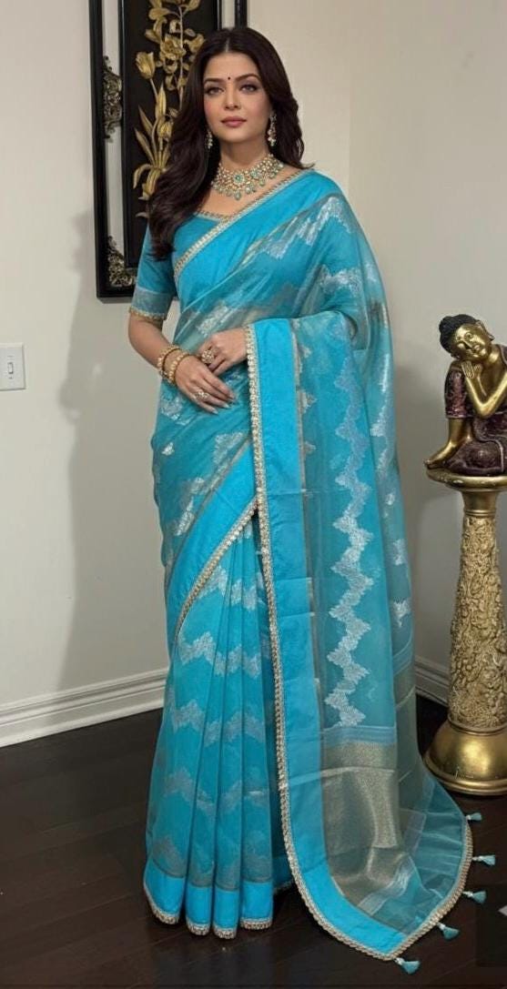 Banarsi fancy beautiful kora organza double zari silk saree very soft ant flowy ready to wear designer blouse fits 32-46  eye cooling shades