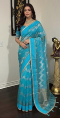 Banarsi fancy beautiful kora organza double zari silk saree very soft ant flowy ready to wear designer blouse fits 32-46  eye cooling shades