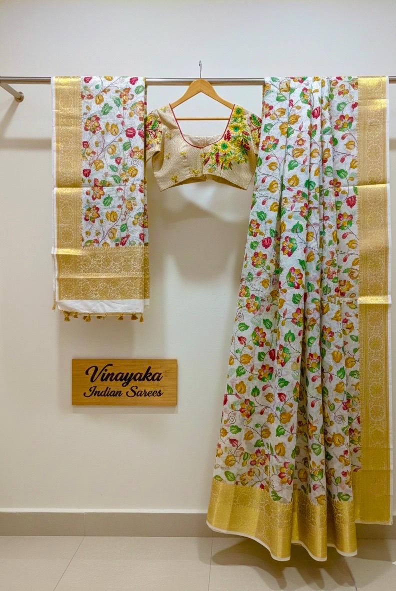 Beautiful soft cream color mango silk saeee with kalamkari saree along with embroided blouse ready to wear