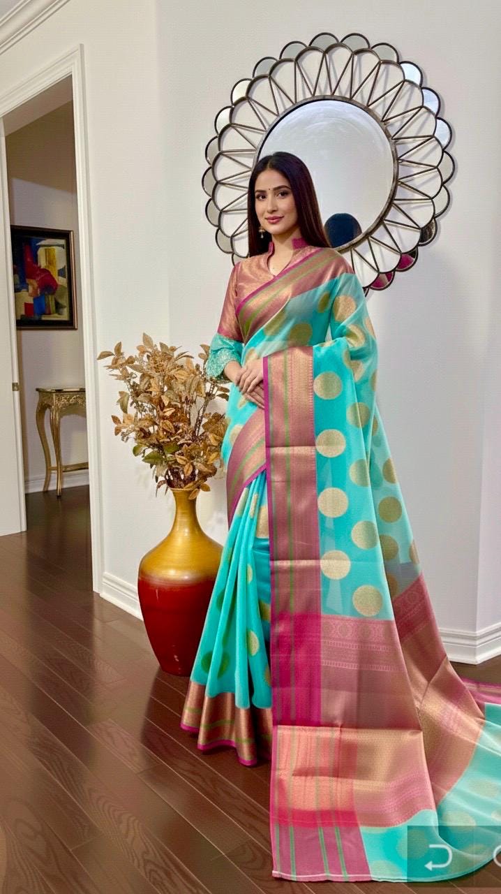 Beautiful Soft Banarasi kora organza cool pestal shades  paired up with ready to wear pretty designer blouse fits to 32 to 46 size