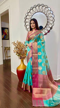 Beautiful Soft Banarasi kora organza cool pestal shades  paired up with ready to wear pretty designer blouse fits to 32 to 46 size