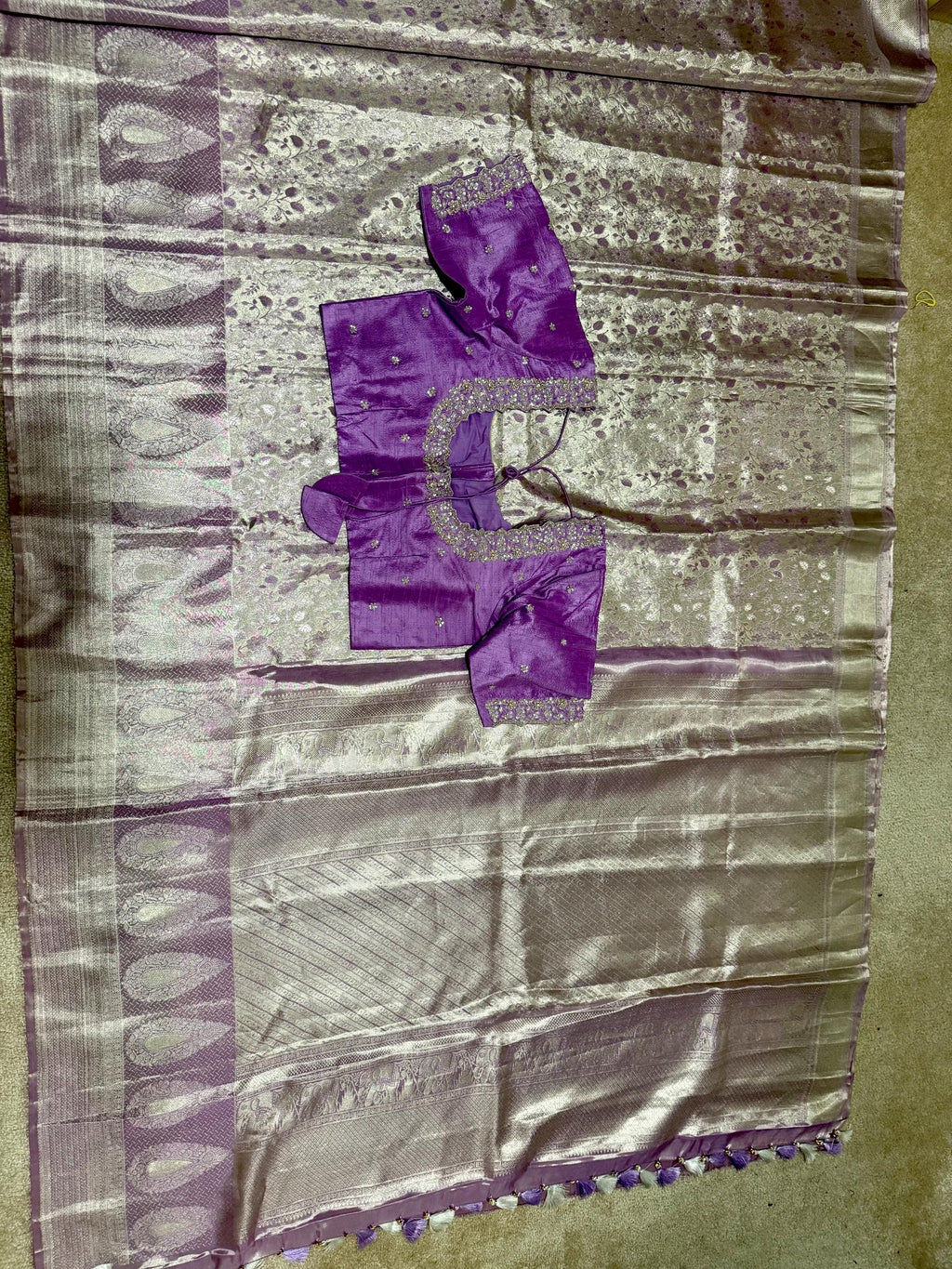 Kanchipuram tissu silk saree in rare colors with beautifully done hand  made embroidered blouse with ready to wear work blouse fits 32 to 46