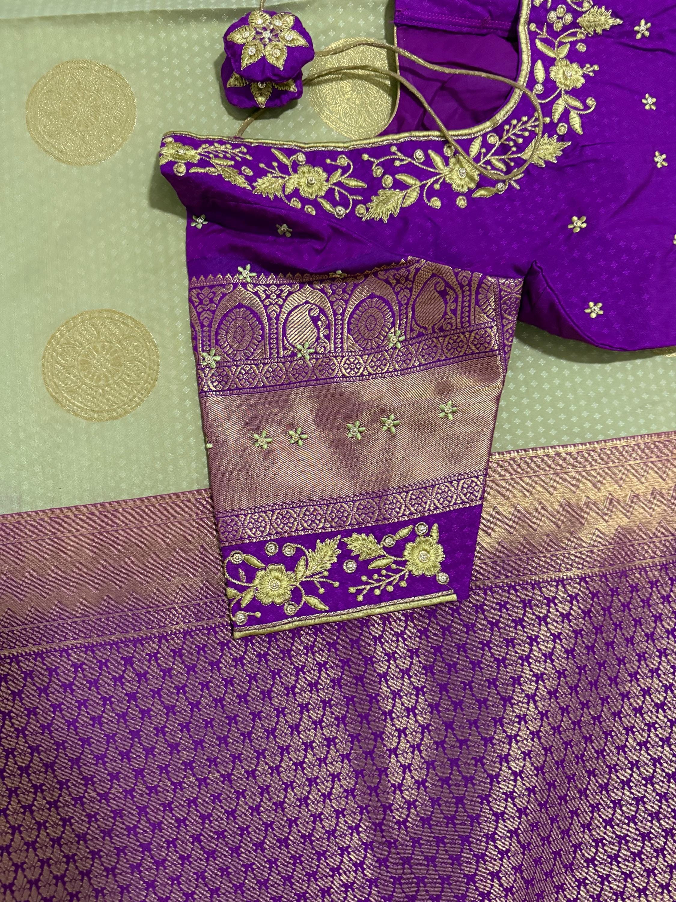 Kanchipuram soft silk saree in rare colors with beautifully done hand  made embroidered blouse with ready to wear work blouse fits 32 to 46