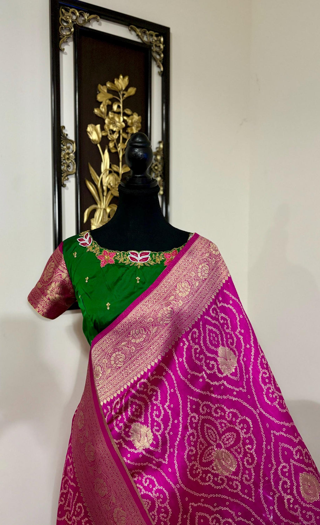 Beautiful cocktail dual shade banarasi  bandhini silk saree paired up pretty maggam blouse fits  sizes 32 -46 ready to wear prettiest blouse
