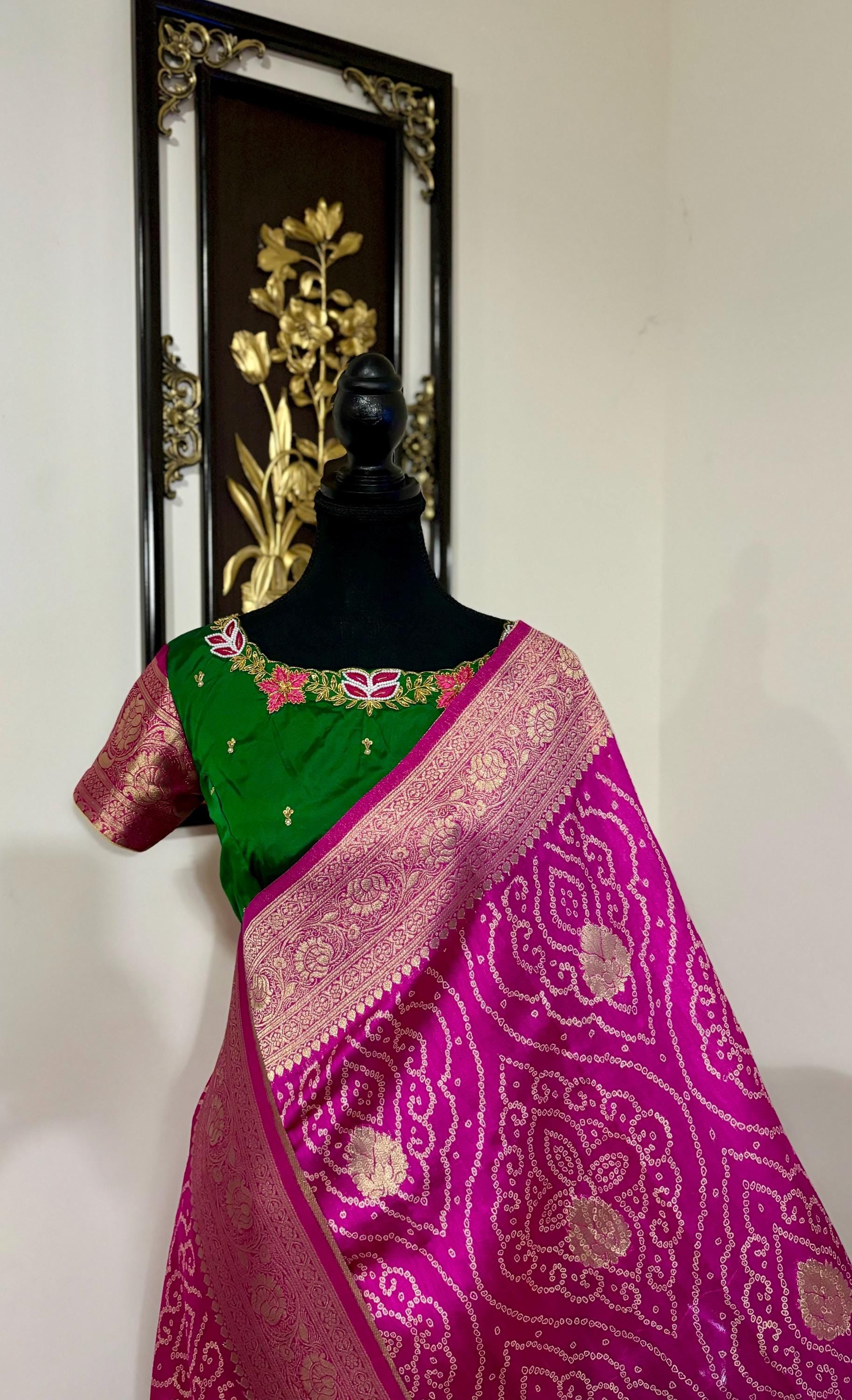 Beautiful cocktail dual shade banarasi  bandhini silk saree paired up pretty maggam blouse fits  sizes 32 -46 ready to wear prettiest blouse