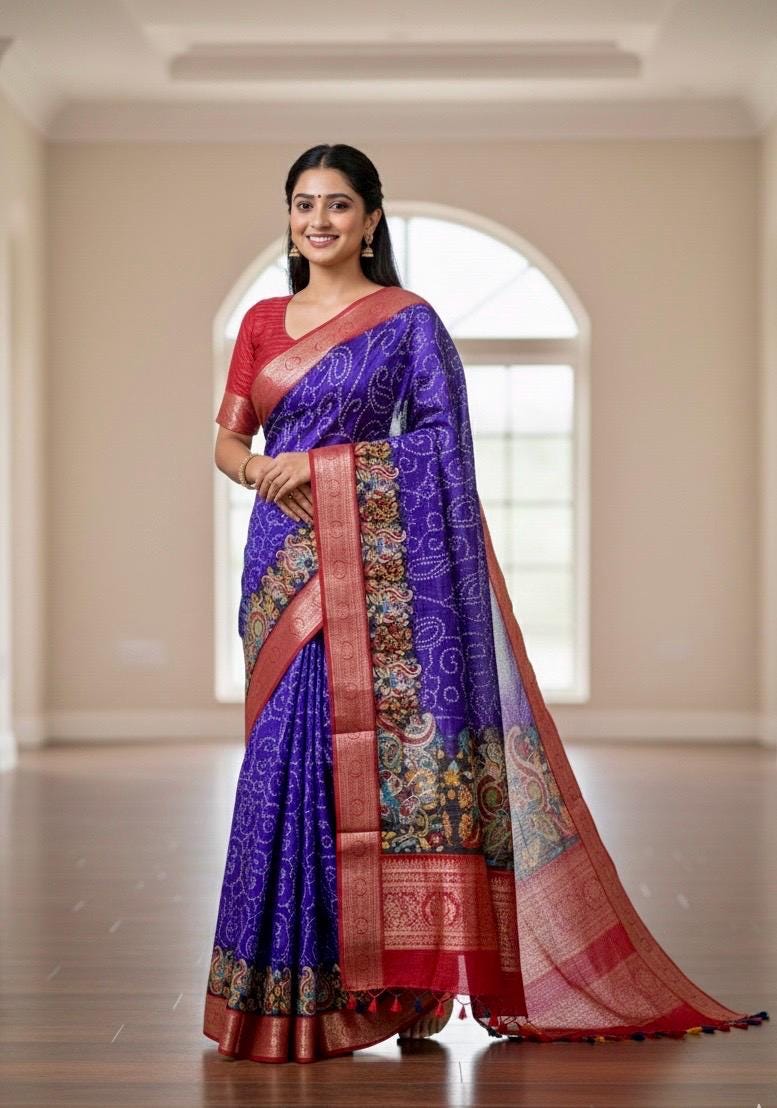 Beautiful Light weight Emarald silk saree  with Kanchi boarder  Bhandini prints ready blouse fits 32 to 46 with beautiful color combo