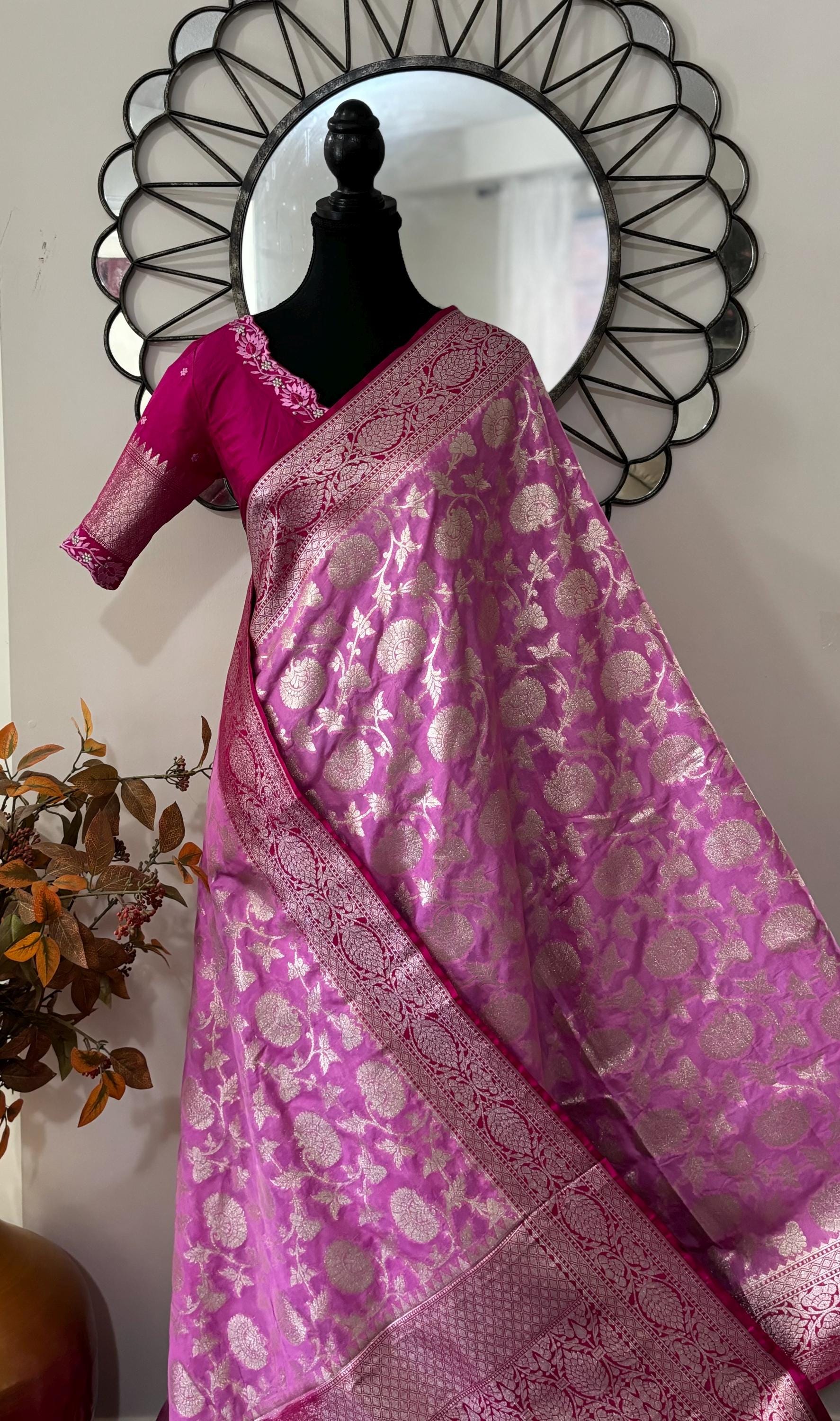 Beautiful banarasi silk saree paired up with beautiful embroidery blouse fits to 32 to 46 in beautiful rare colors all over jaal. Cocktails