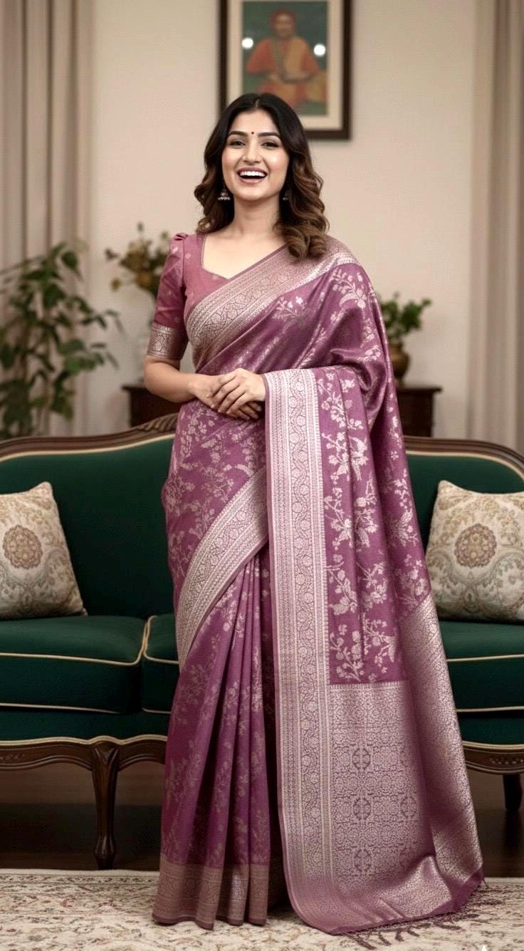 Beautiful banarasi saree with silver Zari weaving all over the saree paired up with pretty ready to wear  blouse that fits to 32 to 46