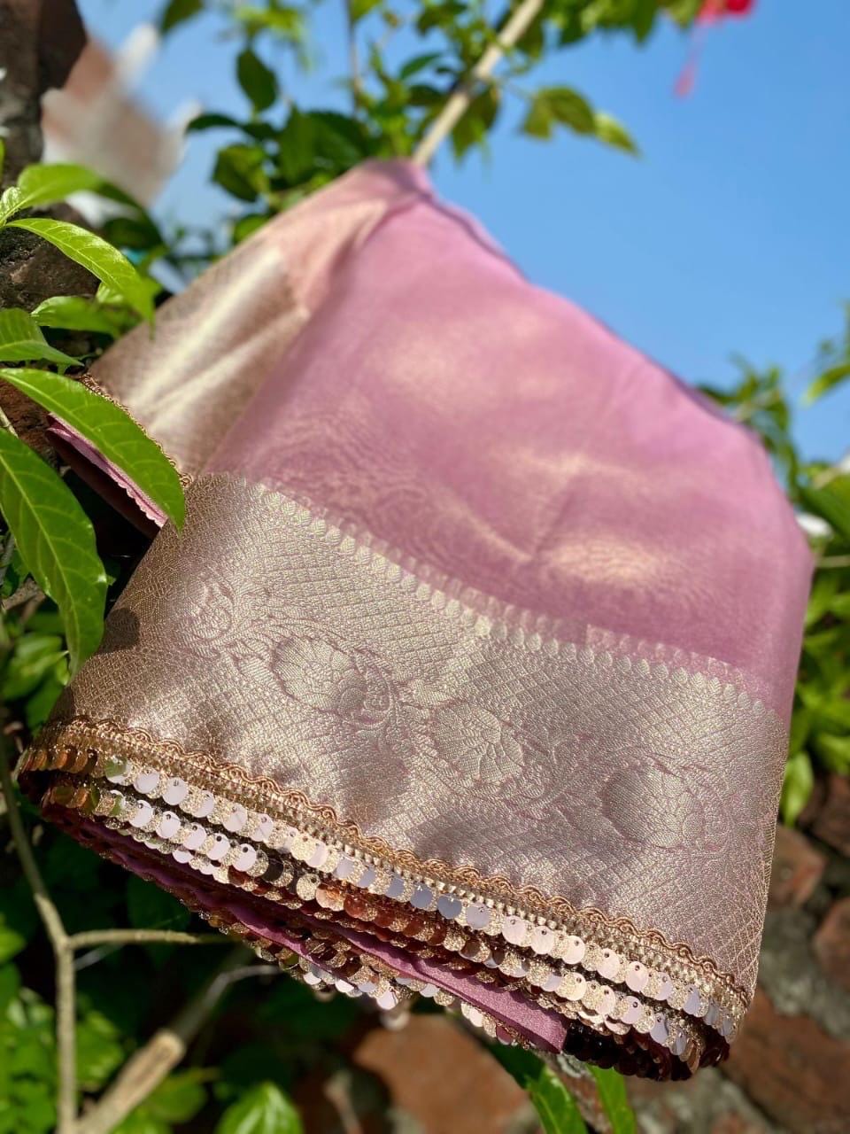 Banarasi  tissue saree with self weaving with beautifully embroidered boarder all over the saree Pestal   shade rich weaving ready Blouse