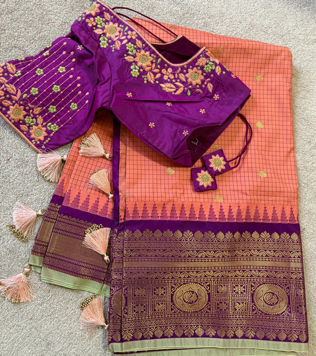 Gadwal Handloom pure silk sarees in rare colors and ready to wear blouse with embroidered blouse fits up to 32 -46 saree is ready fall pico