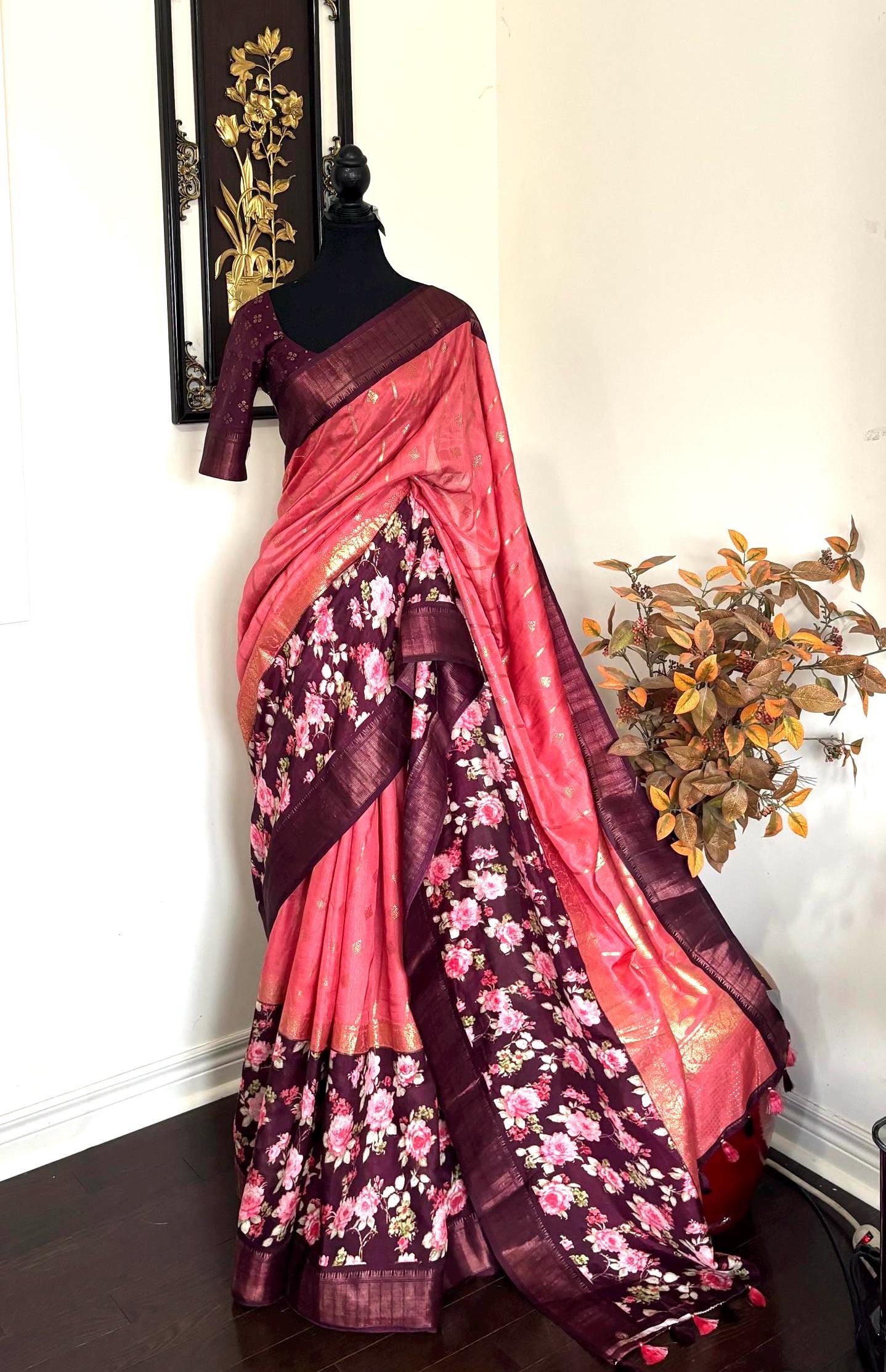 Light weight easy to drape Soft Silk fancy Saree; with beautiful pythani boarder, with Pochampalli design ready to wear Blouse fits 32-46