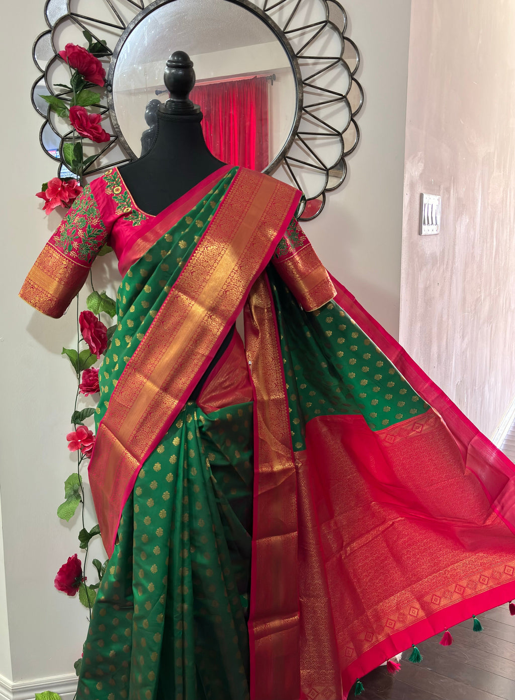 Kanchipuram soft silk saree in rarecolors with beautifully done hand  made embroidered blouse with readytowear work blouse fitsup to32 to 46