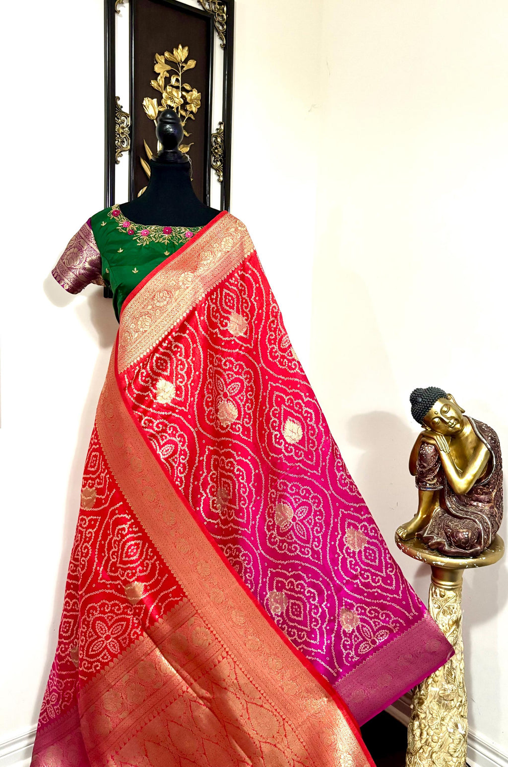 Beautiful cocktail dual shade  bandini silk saree paired up pretty maggam blouse fits  sizes 32 -46 ready to wear prettiest blouse