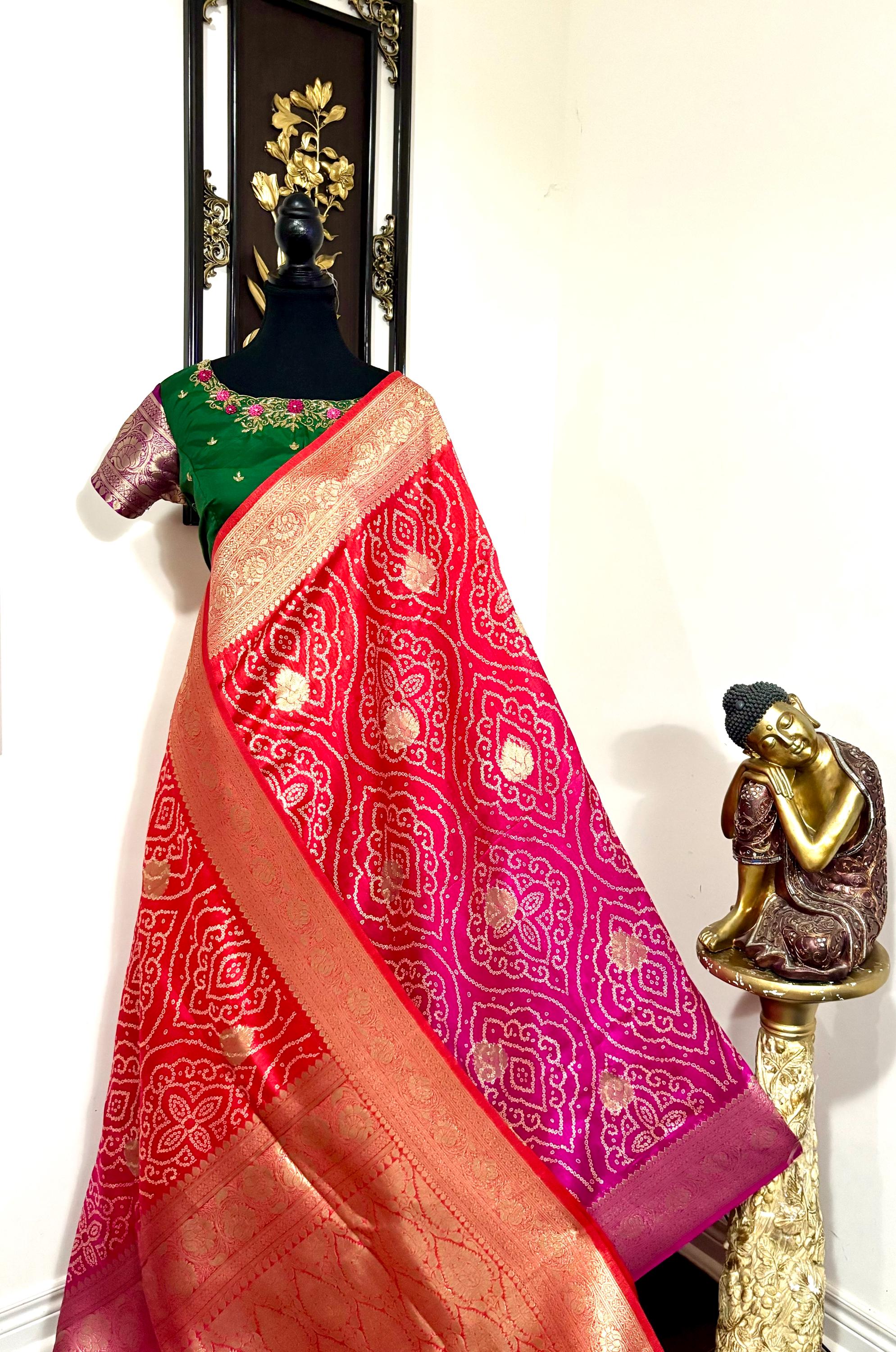 Beautiful cocktail dual shade  bandini silk saree paired up pretty maggam blouse fits  sizes 32 -46 ready to wear prettiest blouse