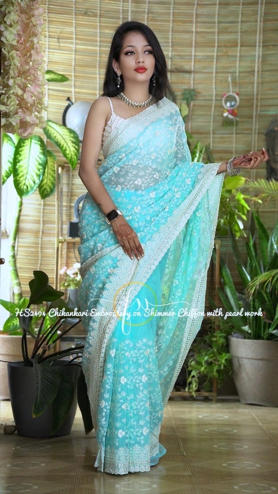 Stunning shimmer georgette saree with Chikenkari work ask seller for availability before placing the order