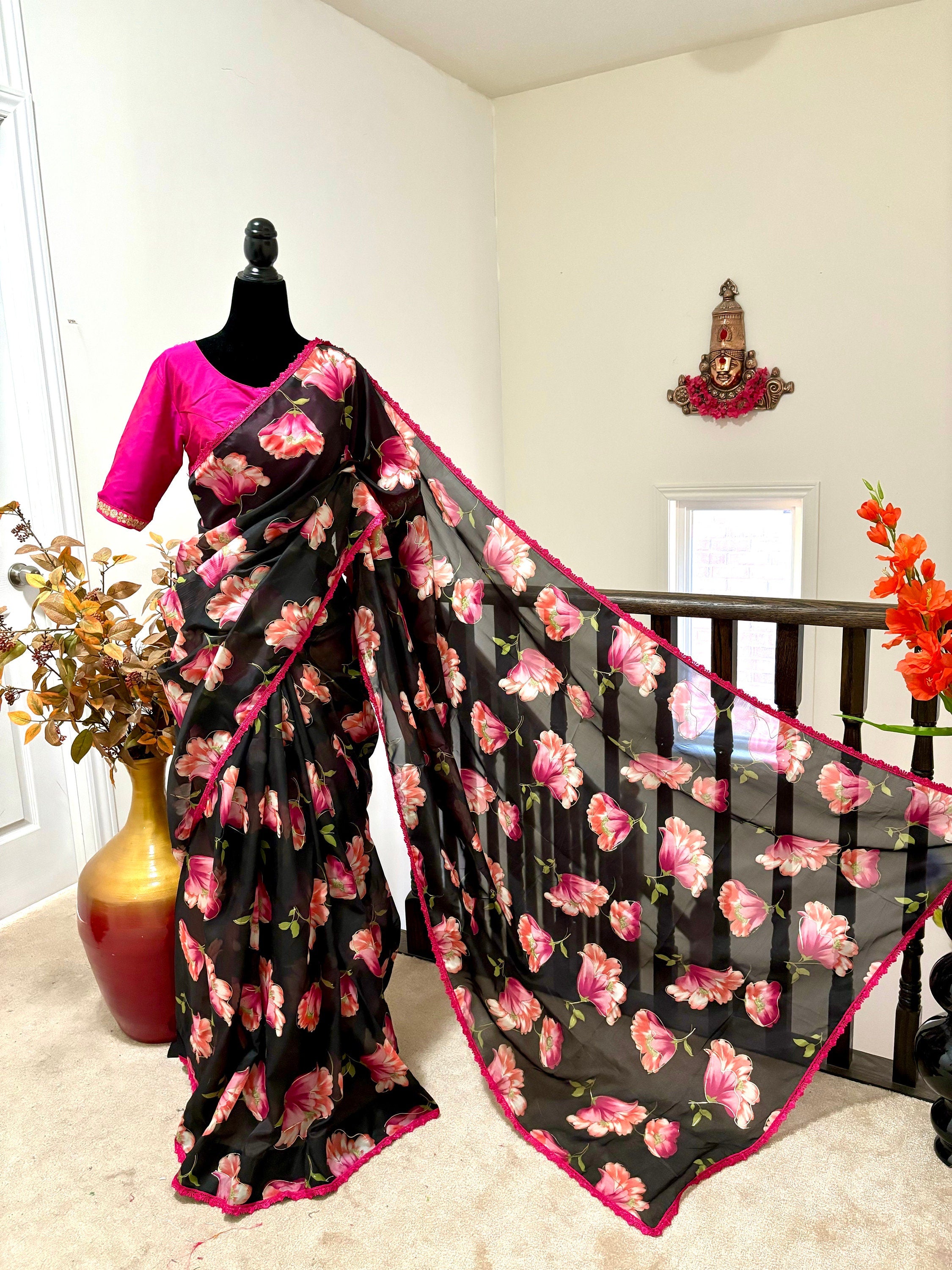 Beautiful Designer floral soft Organza Saree with beautiful lace ready to wear designer blouse fits to 32 to 46