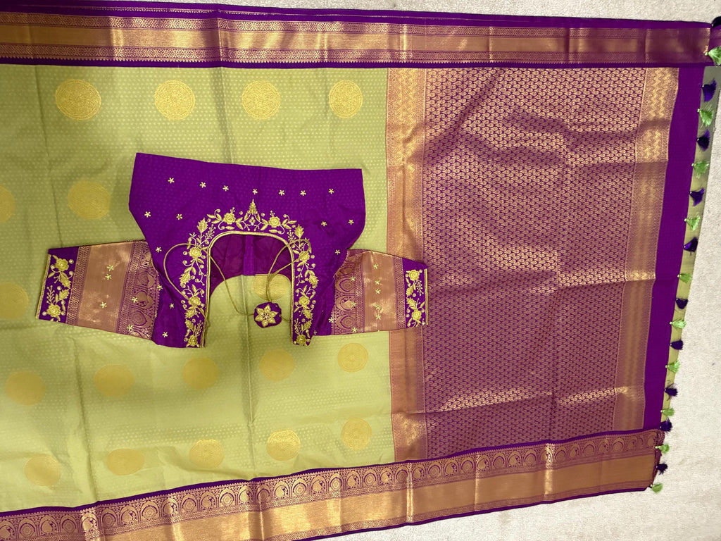 Kanchipuram soft silk saree in rare colors with beautifully done hand  made embroidered blouse with ready to wear work blouse fits 32 to 46