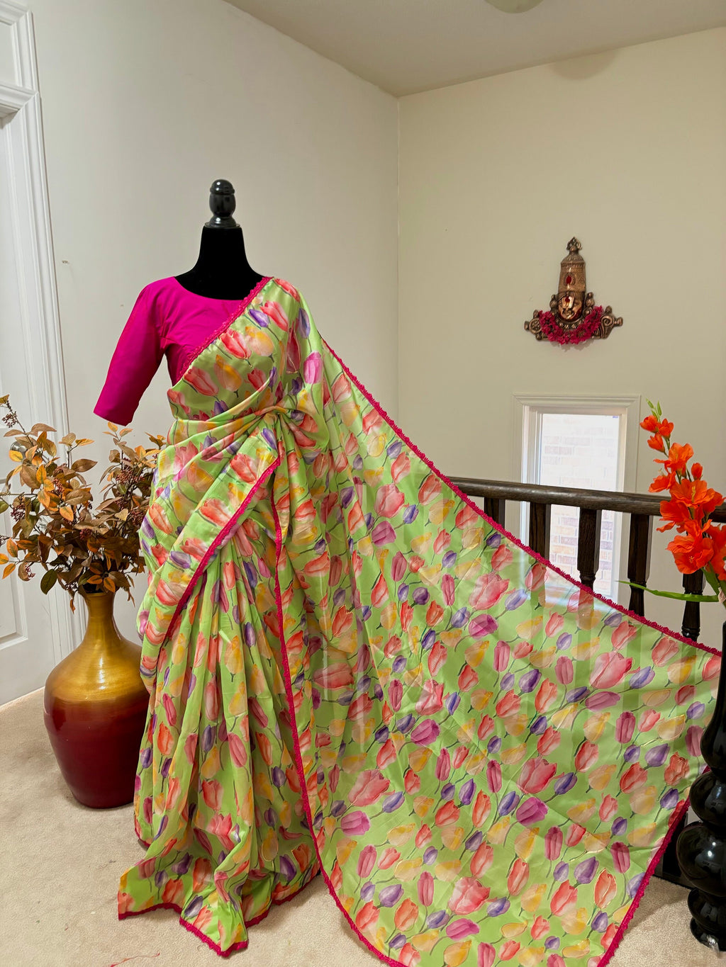 Beautiful Designer floral soft Organza Saree with beautiful lace ready to wear designer blouse fits to 32 to 46