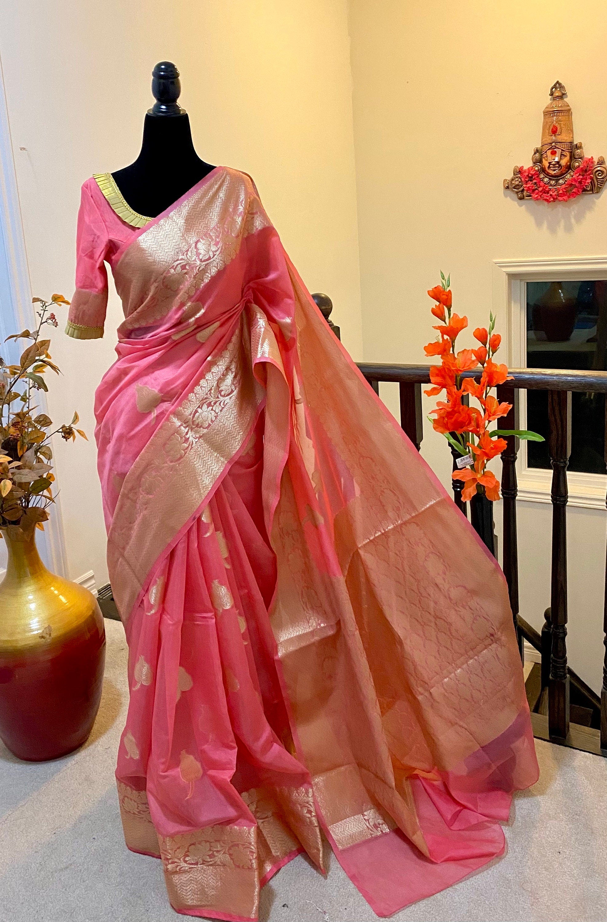 Beautiful Soft Banarasi kora organza paired up with ready to wear pretty designer blouse fits to 32 to 46 size