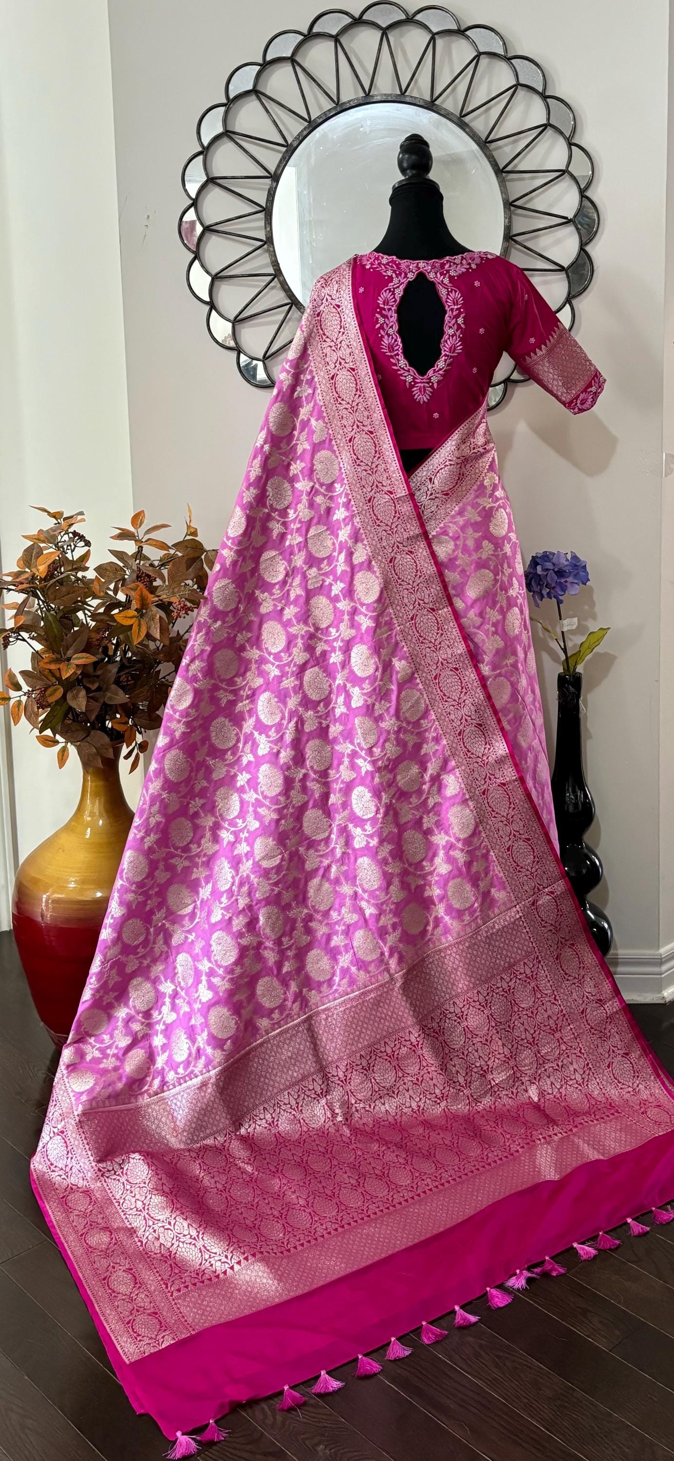 Beautiful banarasi silk saree paired up with beautiful embroidery blouse fits to 32 to 46 in beautiful rare colors all over jaal. Cocktails