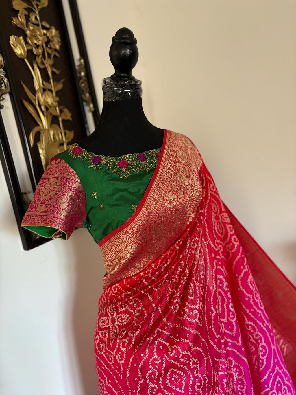 Beautiful cocktail dual shade banarasi  bandhini silk saree paired up pretty maggam blouse fits  sizes 32 -46 ready to wear prettiest blouse