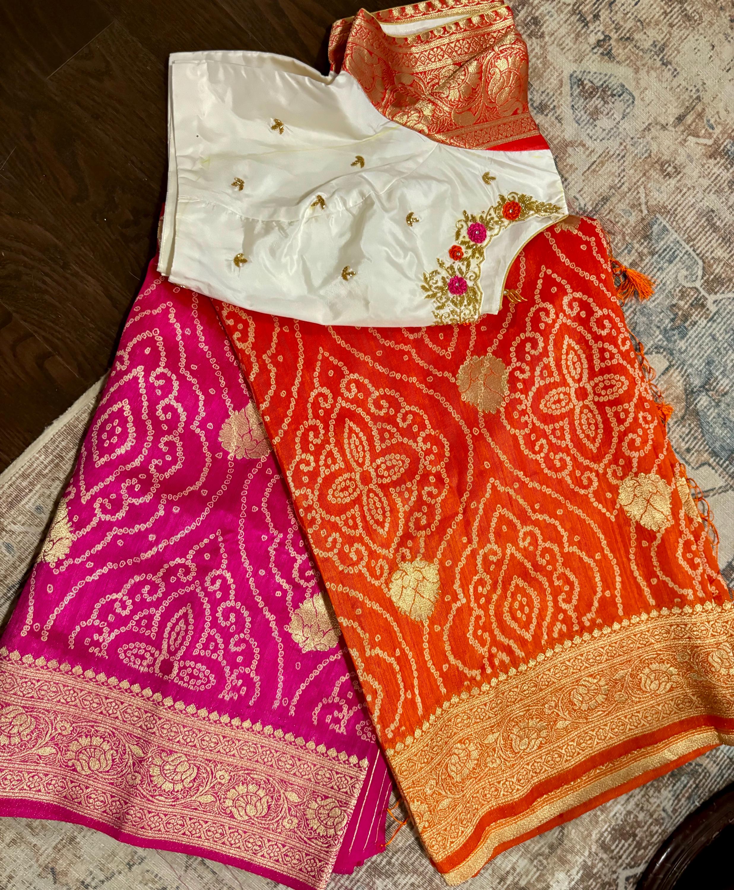 Beautiful cocktail dual shade  bandini silk saree paired up pretty maggam blouse fits  sizes 32 -46 ready to wear prettiest blouse
