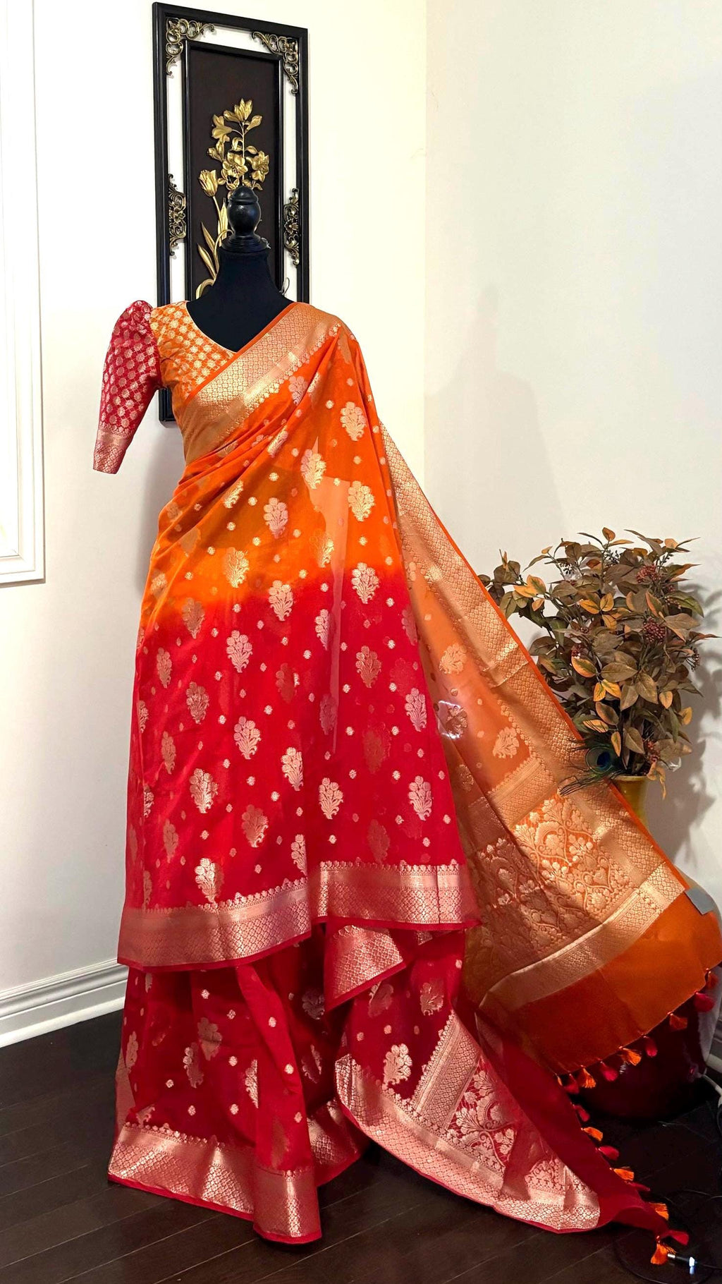 Banarasi dual shade handloom khadi georgette silk saree all over beautiful waterzariweavingbeautifulcombinations,orange and red readyblouse