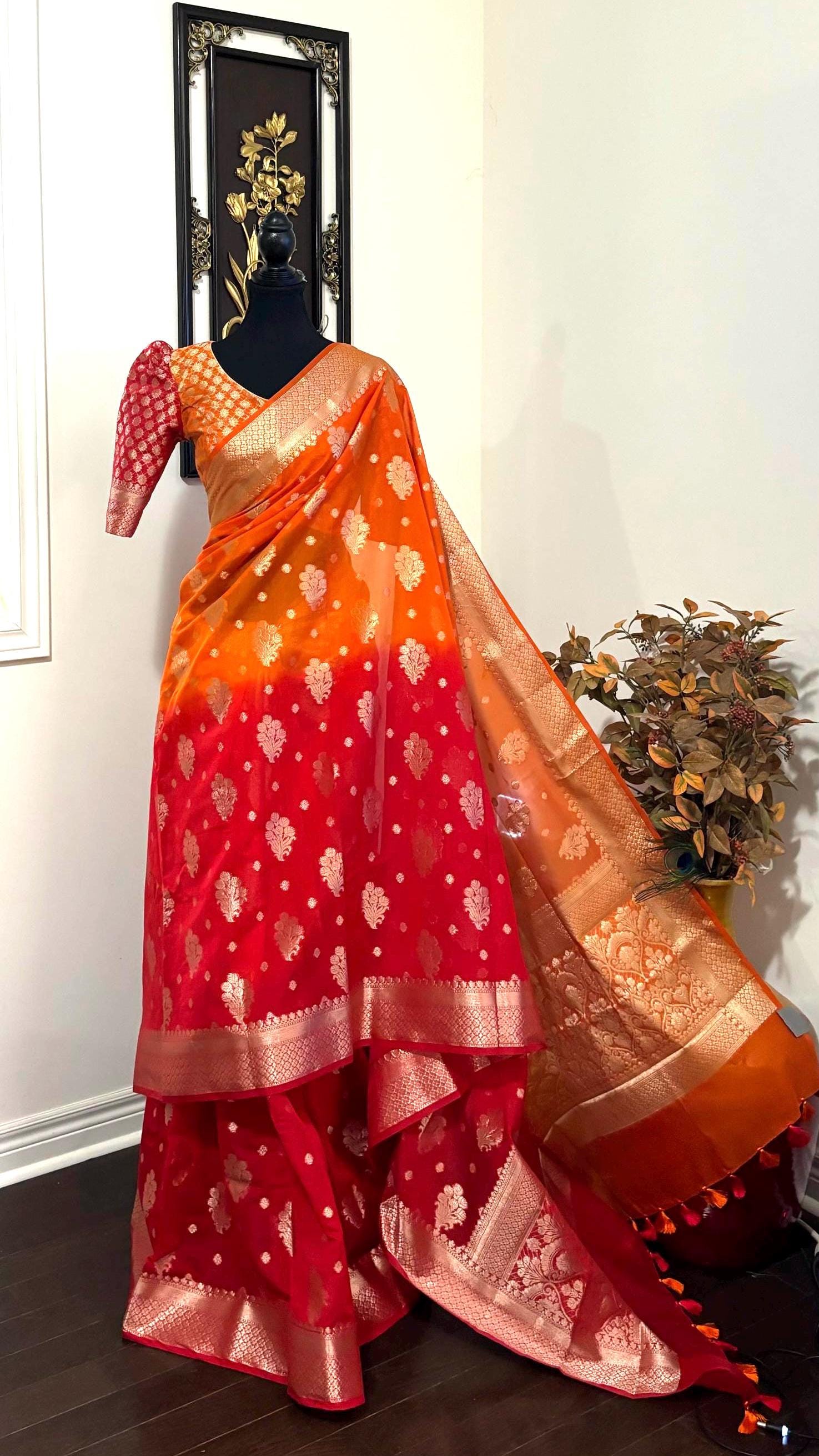 Banarasi dual shade handloom khadi georgette silk saree all over beautiful waterzariweavingbeautifulcombinations,orange and red readyblouse